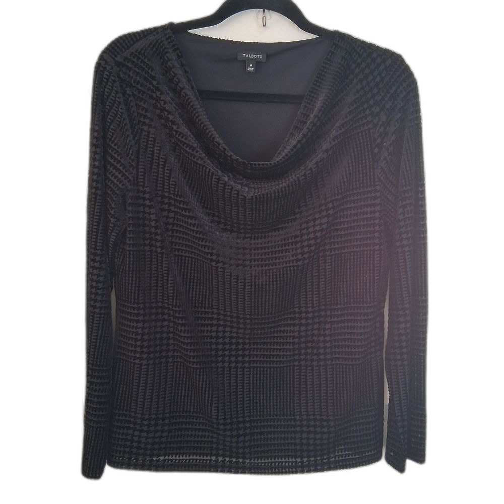 Talbots Black Velvet Burnout Style Houndstooth Pattern Cowl Neck Top